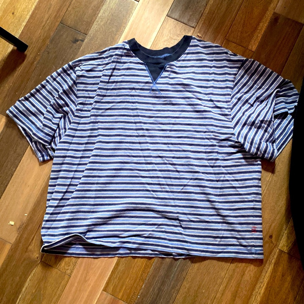 Blue, black and white striped wide semi-cropped shirt with dark blue collar